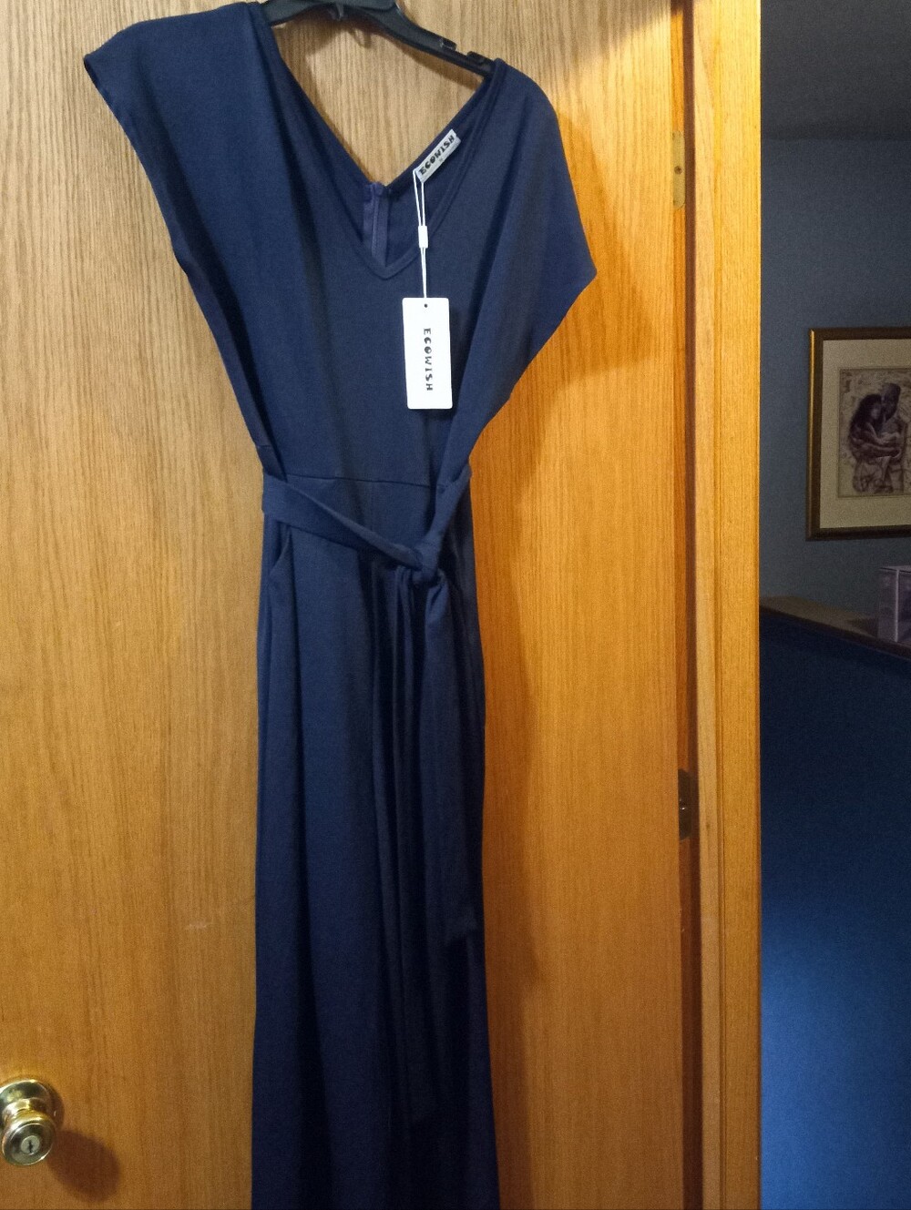 womens navy jumpsuit with pockets and belt, 18 arm-arm, med, 51 long, 22 inseam